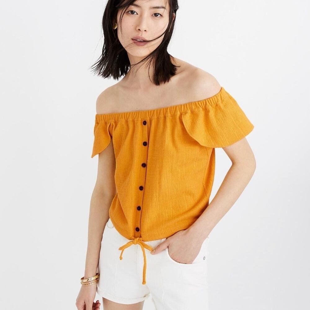 Madewell Top Size M Texture & Thread Off The Shoulder Flutter Sleeve Gold Yellow
